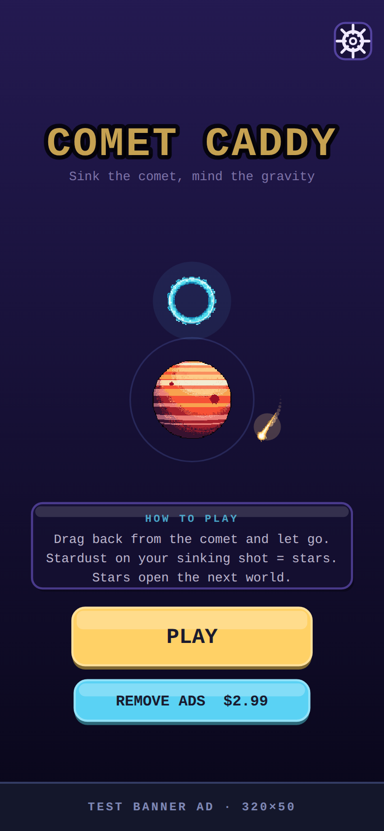Comet Caddy title screen — a comet and goal ring over a nebula starfield